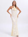 Cream Floral Halter Neck Mermaid Gown